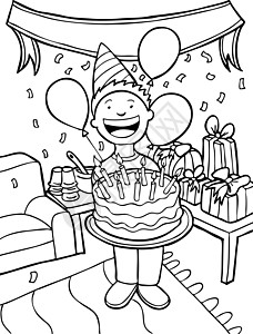政党时间  黑白生日横幅卡通片蛋糕杯子纸屑帽子孩子庆典朋友们图片