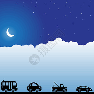 夜间天空场景  自动天际蓝色网站黑色通勤者运输月亮车辆汽车星星图片