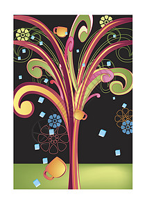 咖啡树杯子插图花朵咖啡店波浪艺术卷曲卷发标识咖啡背景图片