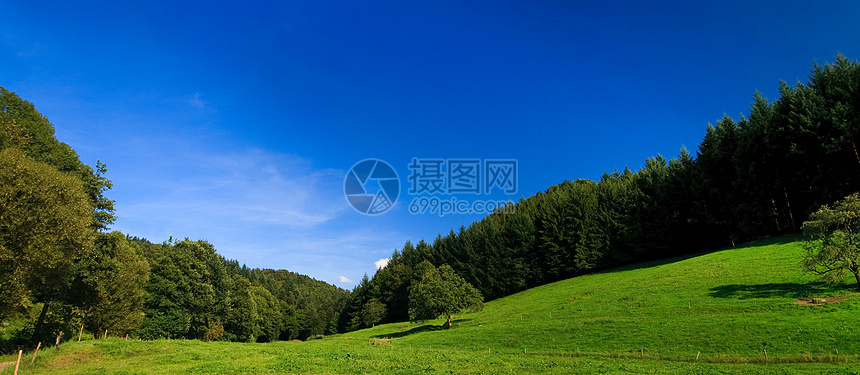 德国蓝色蓝天空和山丘的地貌景观绿地太阳农场季节阳光牧场土地风景草地图片