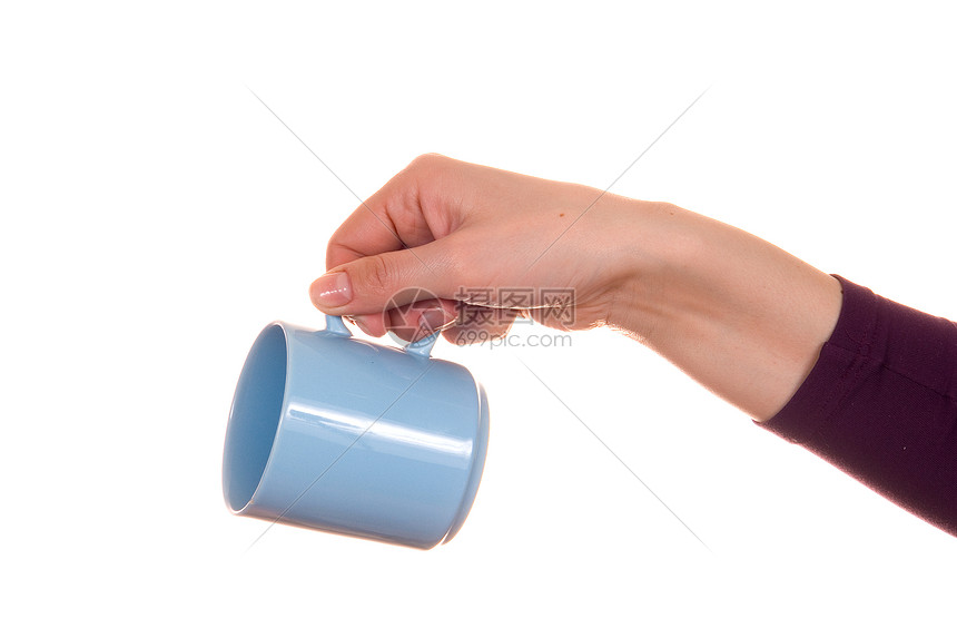 手拿着杯子玻璃概念信号手指蓝色菜肴女性棕榈咖啡图片