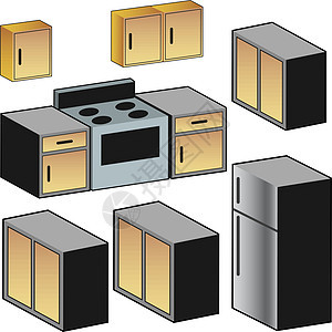 厨房成套厨房棕色橱柜家庭插图房间冷却器火炉烤箱房子柜台背景图片