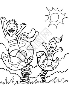 孩子们在公园里玩游戏游乐白色太阳晴天骑术染色骑士插图男生女孩图片