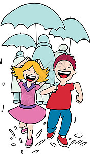 在雨中奔跑插图姐姐孩子兄弟姐妹跑步孩子们卡通片下雨乐趣跳跃图片