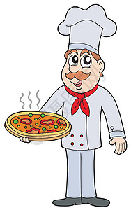 带披萨的厨师职业美食胡子帽子插图烹饪火腿绘画艺术品工作图片