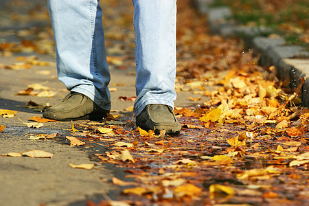 秋季公园金子靴子叶子跑步悲伤鞋类火花水池牛仔裤树叶图片