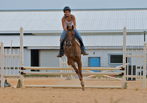 体育少女跳过一匹马图片