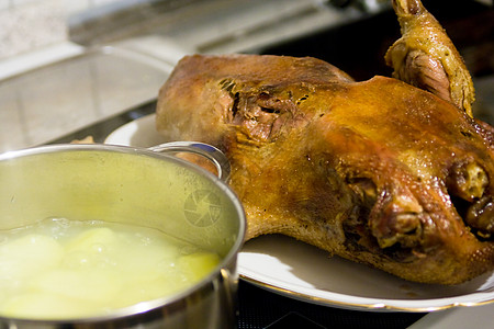 烤鹅 新年一顿丰盛的饭鸭子白色食物褐色金子火鸡茶点菜单火炉家禽背景图片