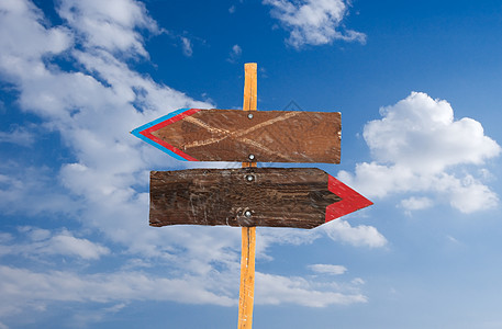 路标牌矛盾指导白色木头路标邮政帮助蓝色木板桅杆背景图片