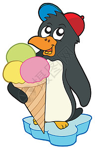 带冰淇淋的企鹅锥体艺术品载体微笑幸福奶油绘画艺术羽毛插图图片