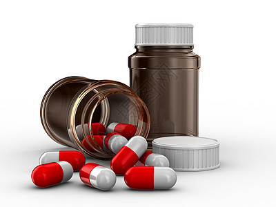 白色背景上的平板电脑两瓶 孤立的 3D 图像药品贮存止痛药制药空白瓶子胶囊插图药物药片图片