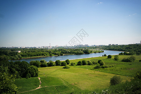 横向景观公园森林树木人行道风景建筑物绿色场地天空蓝色背景图片