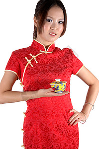 带茶杯的中国女孩杯子茶具裙子姿势女性青年女士红色图片