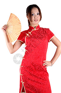 有风扇的亚洲女孩女性扇子姿势裙子红色女士青年图片