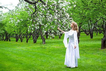 白娘子和白花公园草地新娘神话白色精灵故事苹果树绿色花园图片