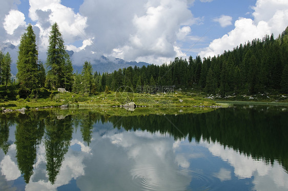 意大利阿尔卑斯山的湖景森林岩石天空树木风景环境山脉荒野松树池塘图片