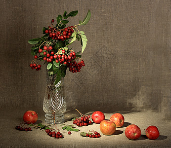 玻璃花瓶和红苹果组装的烟灰莓包花束宏观照片树叶团体农场生活美食静物蔬菜图片