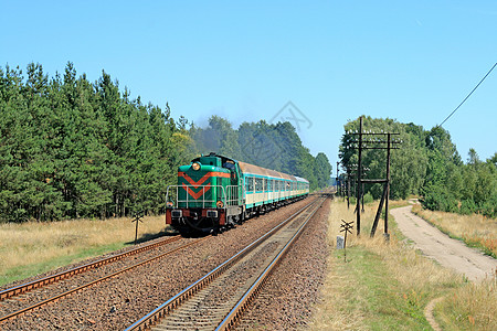 乘火车通过农村的旅客列车电报机车森林水平乘客风景旅行运输乡村旅游图片