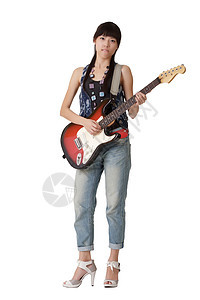 拥有电子吉他女青年音乐黑色玩家白色女性姿势数字耳机工作室成人图片