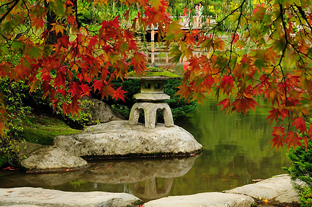 日本花园绿色花园偶像雕塑植物盆栽红色水池小屋植物园图片