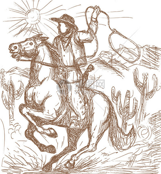 牛仔和拉索骑着马图片