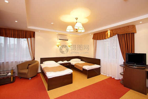 旅馆卧室床头板酒店家具风格房间家园装饰装潢窗户床单图片