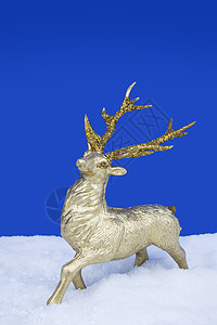 金山驯鹿圣诞礼仪 站在假雪上与一个爸爸摄影季节装饰品背景季节性传统金子雪片蓝色庆典图片