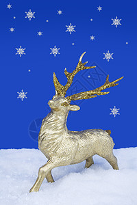 黄金驯鹿圣诞圣山大礼仪 站在雪雪的假雪上季节性传统假雪装饰品雪片金子庆典蓝色背景摄影图片