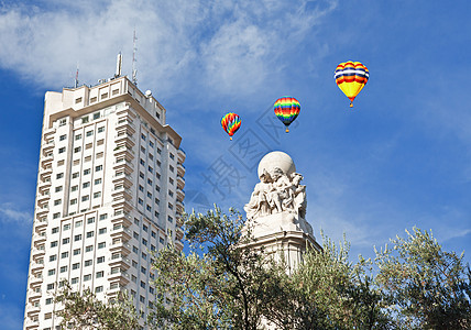 马德里西班牙广场的萨图Satue气球推杆旅游假期石头正方形游客喷泉公园文学图片