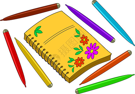 带鲜花和毛笔的笔记本孩子们纤维头日记教育学校绘画教科书阅读笔记艺术图片