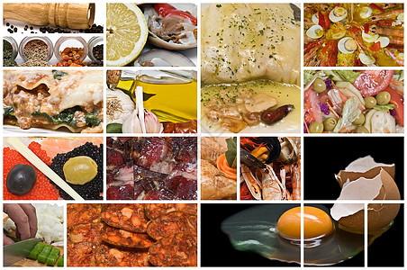 食物拼贴画辣椒鱼子菜单烹饪香料餐厅火腿胡椒面条图片