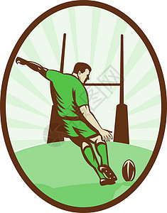 橄榄球运动员在目标岗位踢球插图男人玩家全身游戏男性木刻运动门柱平底船背景图片