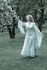 白娘子和白花公园女孩新娘花园传奇苹果树黑色树林婚礼蓝色图片