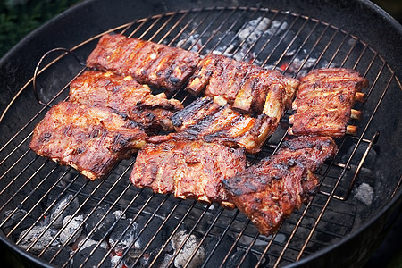 bbq 烤肉架上烧烤的猪排浅表 doF午餐野餐金属印章炙烤牛肉香料吃饭煤炭食物图片