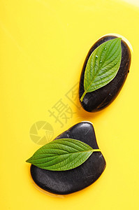 SPA或zen六氯环乙烷绿色石头黄色冥想生态叶子树叶花园黑色岩石背景图片