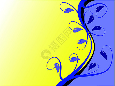 蓝色和黄色花形背景绘画卷曲藤蔓漩涡柠檬创造力墙纸金子植物艺术背景图片