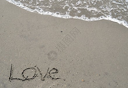 爱在沙沙中海洋写作泡沫海浪棕褐色图片