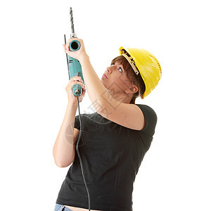 配备钻井机的年轻女性建筑工维修腰带工具承包商建筑工人头盔男人职业钻头图片