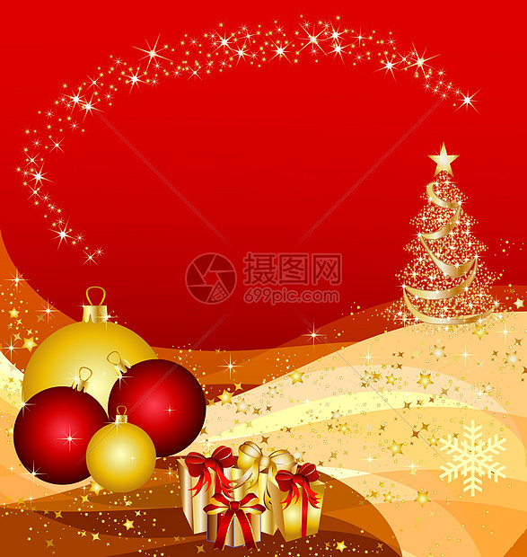 金波上的圣诞树星星漩涡墙纸火花装饰品展示海浪玩具金子丝带图片