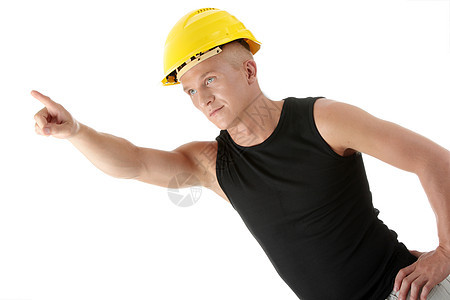 黄色头盔的建筑工指向上面工作帽子承包商制造业工人建设者职业企业劳动商业图片