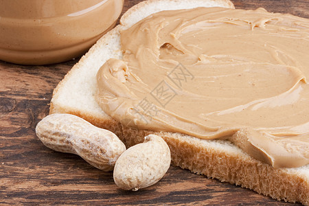 花生黄油面包黄色食欲坚果早餐食物白色塑料棕色包装背景图片