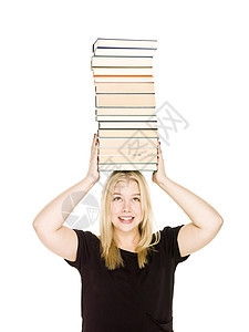 头上挂着一堆书的女人家庭作业大学学生课堂教育青春期喜悦女孩快乐智力图片