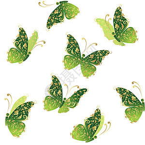 绿色艺术蝴蝶飞翔 鲜花金装饰品生态翅膀叶子白色飞行金子绘画黑色身体插图图片