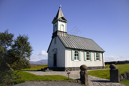 冰岛的白教堂地标天空观光教会建筑宗教农村国家村庄蓝色图片
