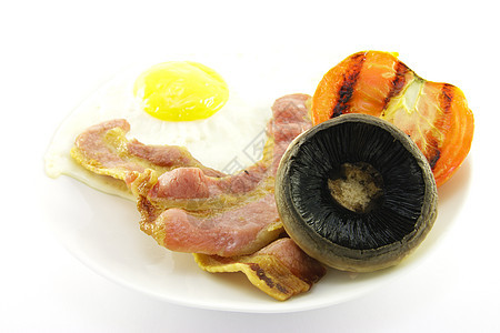 白盘上的早餐英语猪肉味道盘子黄色红色脂肪白色食物带子图片