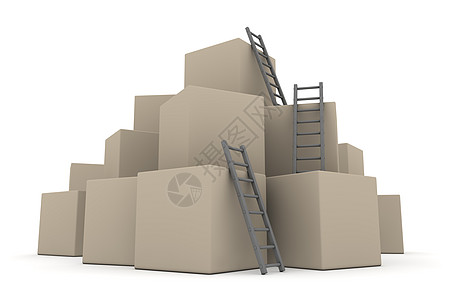 包箱批量  与灰梯一起爬上纸板白色正方形生长脚步库存店铺梯子砖块仓库图片