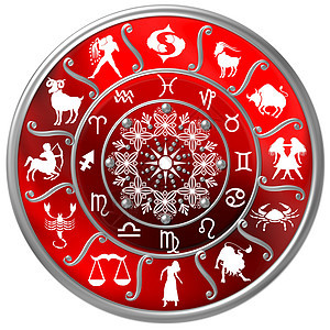 带有符号和符号的红色 Zodiac 磁盘图片