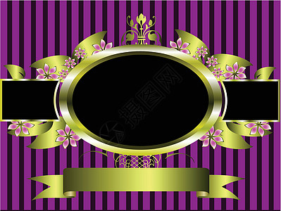 经典紫色条纹背景的金花板框艺术绘画淡紫色藤蔓创造力金子卡片插图黑色植物群图片