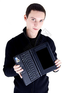 带膝上型电脑的男子白色屏幕商业电子产品笔记本男人广告计算黑色办公室图片