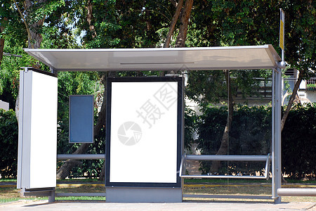 白色公交车停止标志车站横幅路标广告展示公交框架公共汽车商业控制板图片